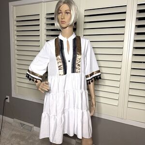 Ally Daly MEDIUM Dress White Short Sleeve Pom Pom Sleeves Lightweight Semi Sheer